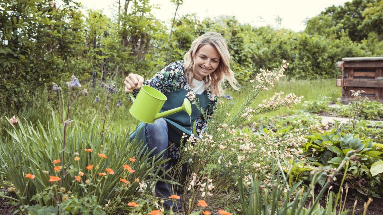 Frau mit Rückenschmerzen arbeitet gießt Blumen im Garten.